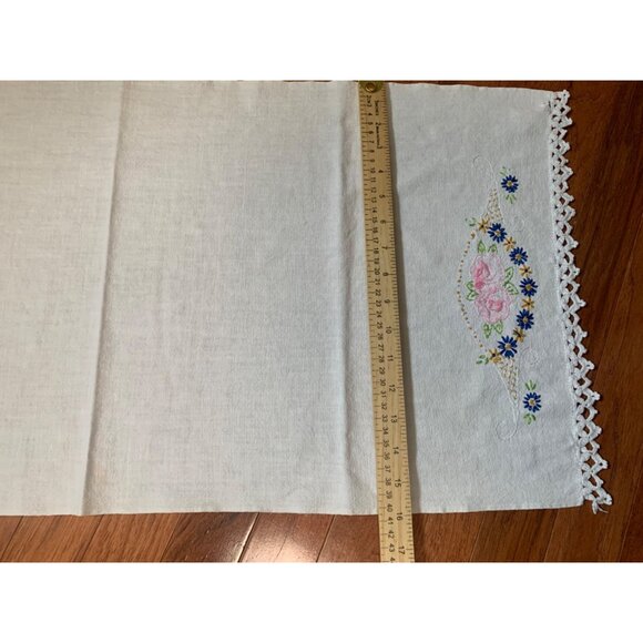 Handmade Embroidered Floral Table Runner with Crocheted Edges - 34" x 16" - Picture 6 of 7